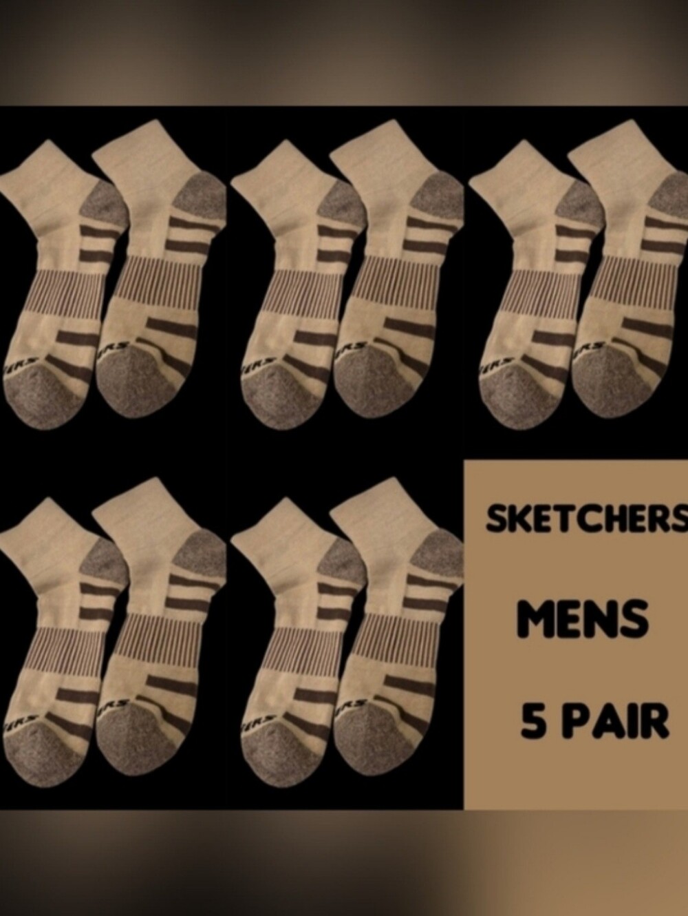 Skechers Men's Beige & Brown Athletic Socks Arch Support 5 Pair Brand New